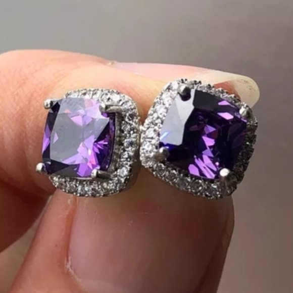 White Gold Purple Amethyst Diamond Halo Earrings - Picture 1 of 3